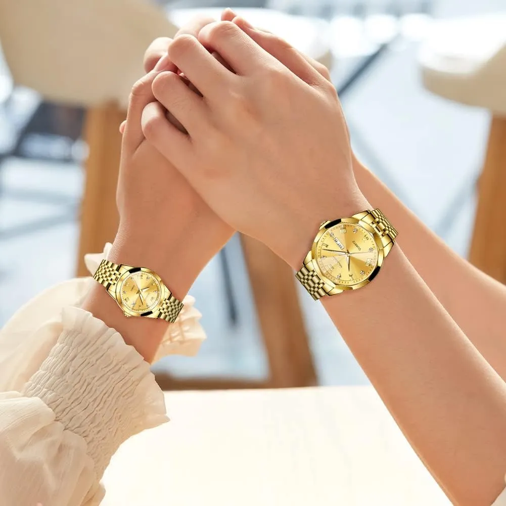 OLEVS Valentines Couple Pair Quartz Watches Luminous Calendar Date Window 3ATM Waterproof, Casual Stainless Steel His and Hers Wristwatch for Men Women Lovers Wedding Romantic Gifts Set of 2