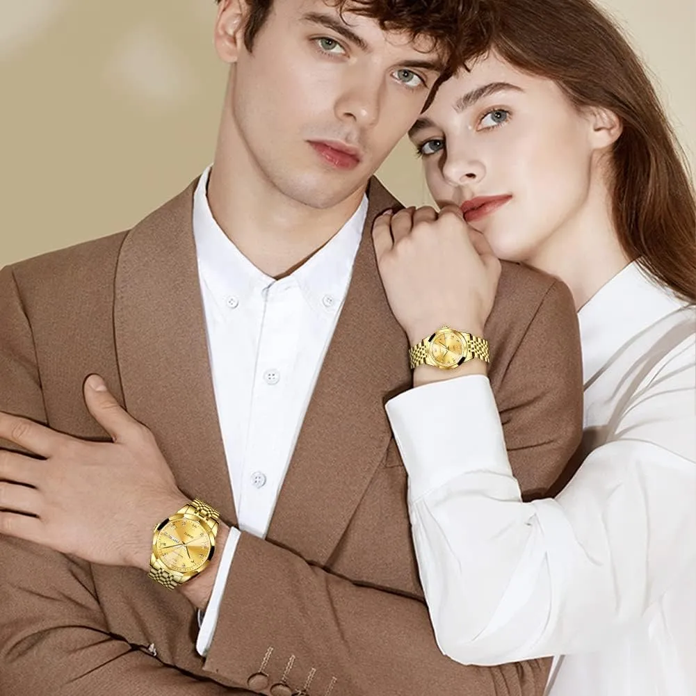 OLEVS Valentines Couple Pair Quartz Watches Luminous Calendar Date Window 3ATM Waterproof, Casual Stainless Steel His and Hers Wristwatch for Men Women Lovers Wedding Romantic Gifts Set of 2