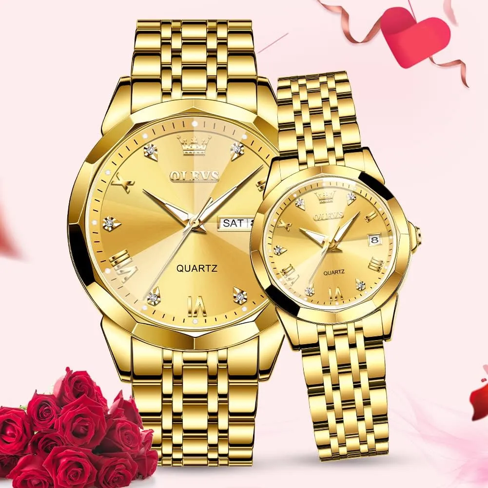 OLEVS Valentines Couple Pair Quartz Watches Luminous Calendar Date Window 3ATM Waterproof, Casual Stainless Steel His and Hers Wristwatch for Men Women Lovers Wedding Romantic Gifts Set of 2