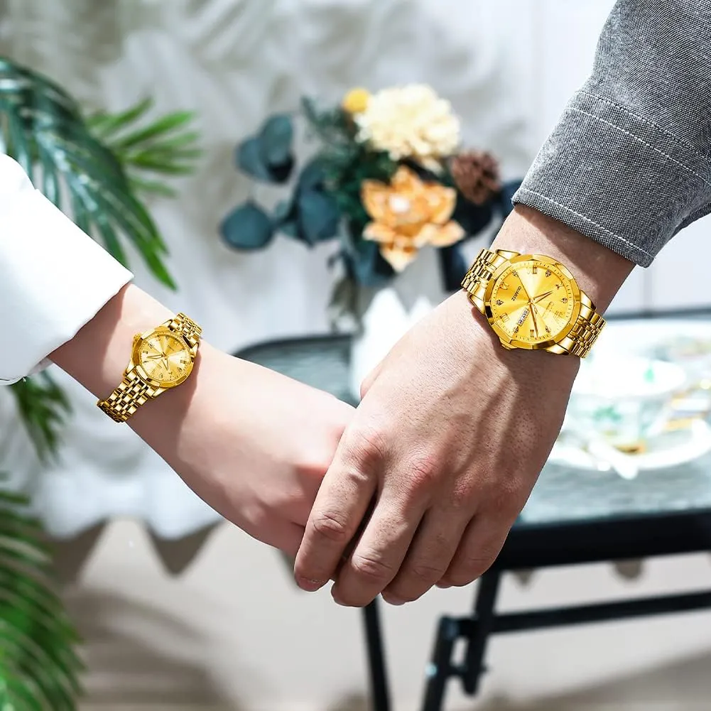 OLEVS Valentines Couple Pair Quartz Watches Luminous Calendar Date Window 3ATM Waterproof, Casual Stainless Steel His and Hers Wristwatch for Men Women Lovers Wedding Romantic Gifts Set of 2