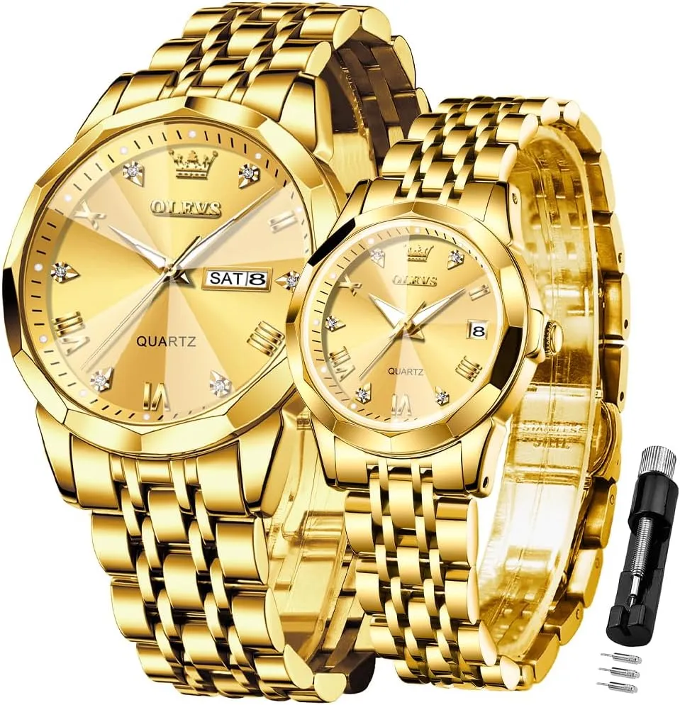 OLEVS Valentines Couple Pair Quartz Watches Luminous Calendar Date Window 3ATM Waterproof, Casual Stainless Steel His and Hers Wristwatch for Men Women Lovers Wedding Romantic Gifts Set of 2