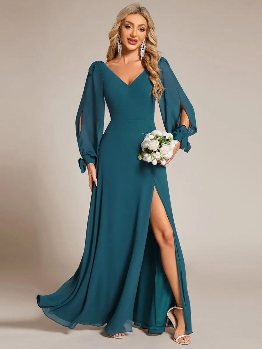 Open Lantern Sleeve A-Line Mother of the Bride Dress