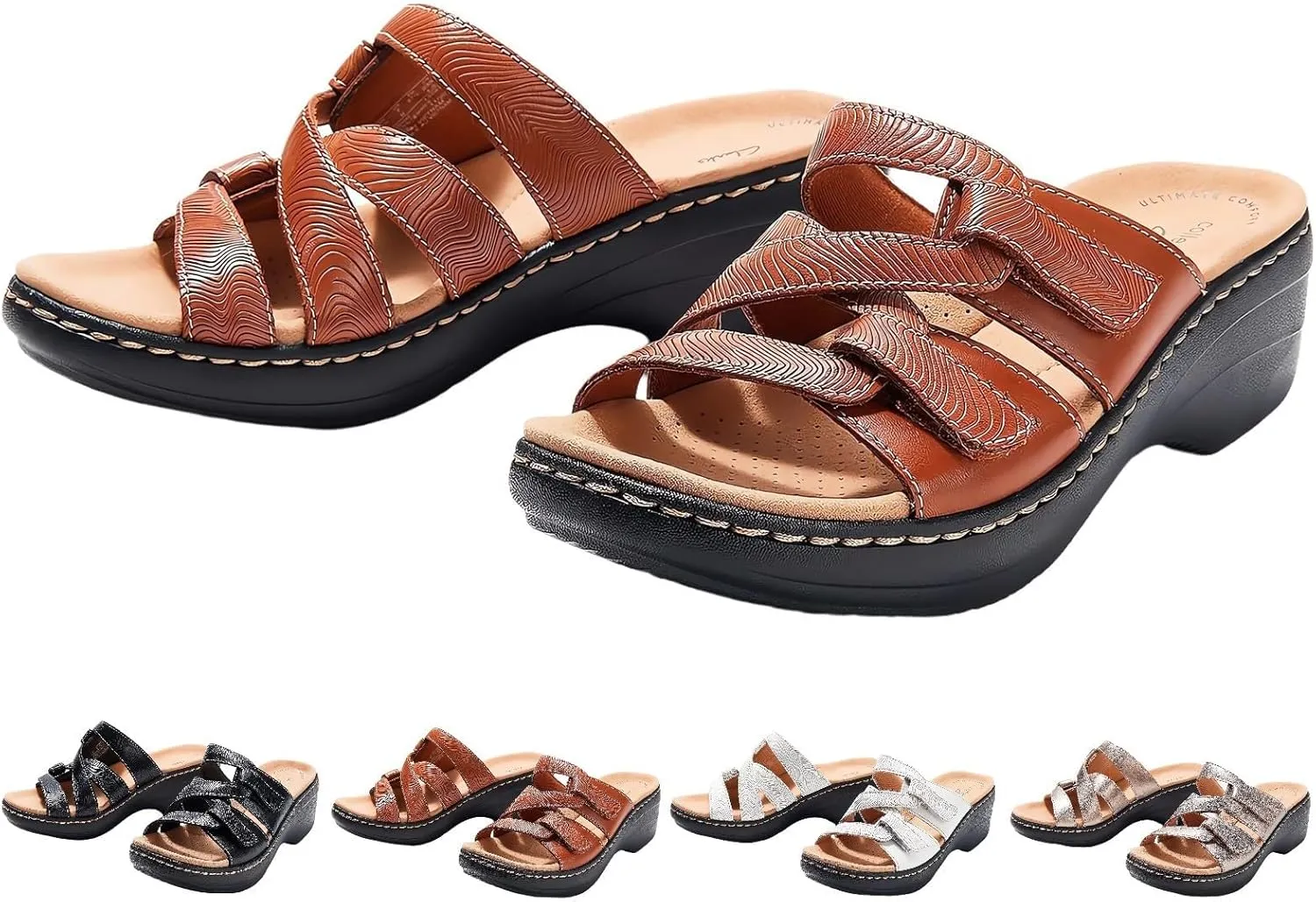 Orthopedic Sandals for Women Faux Leather Wedges Open Toe Wide Width Slippers Orthotic Slippers Non Slip Comfortable Walking Shoes Retro Slides for All Day Wear