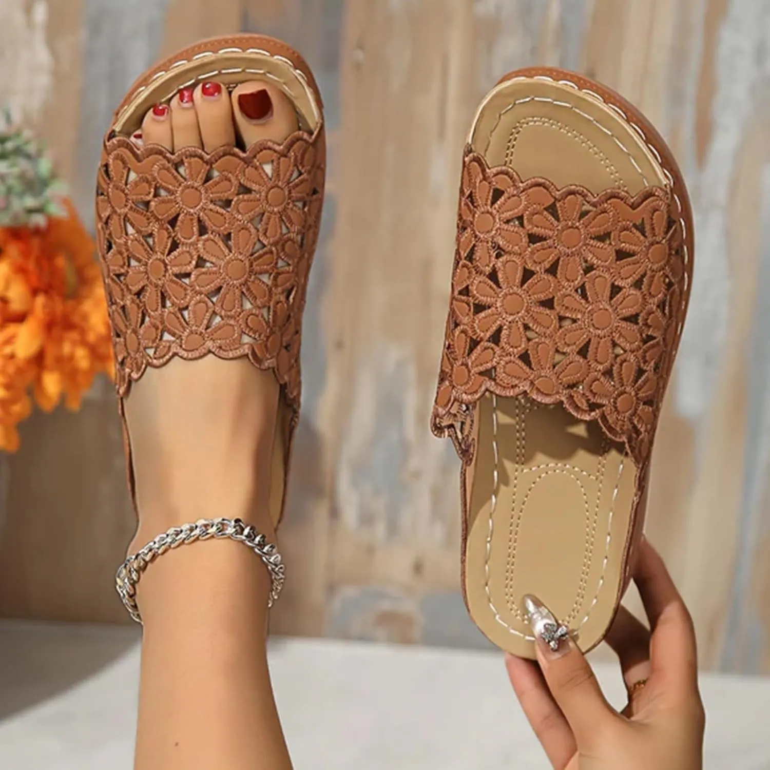 Orthopedic Sandals with Arch Support2025, Summer Cushion Flip Flops Recovery Walking Sandals Dressy Orthotic Wedge Slide Open Toe Slip on Flowers Hollow Out Shoes for Women