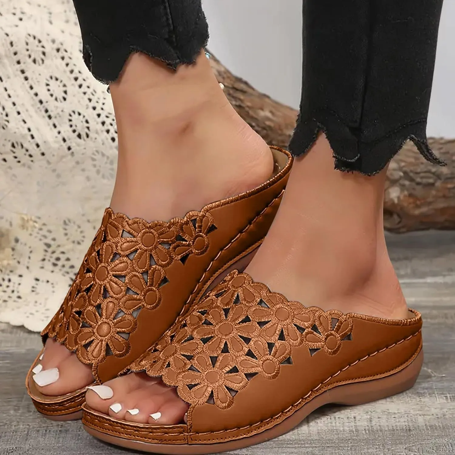Orthopedic Sandals with Arch Support2025, Summer Cushion Flip Flops Recovery Walking Sandals Dressy Orthotic Wedge Slide Open Toe Slip on Flowers Hollow Out Shoes for Women
