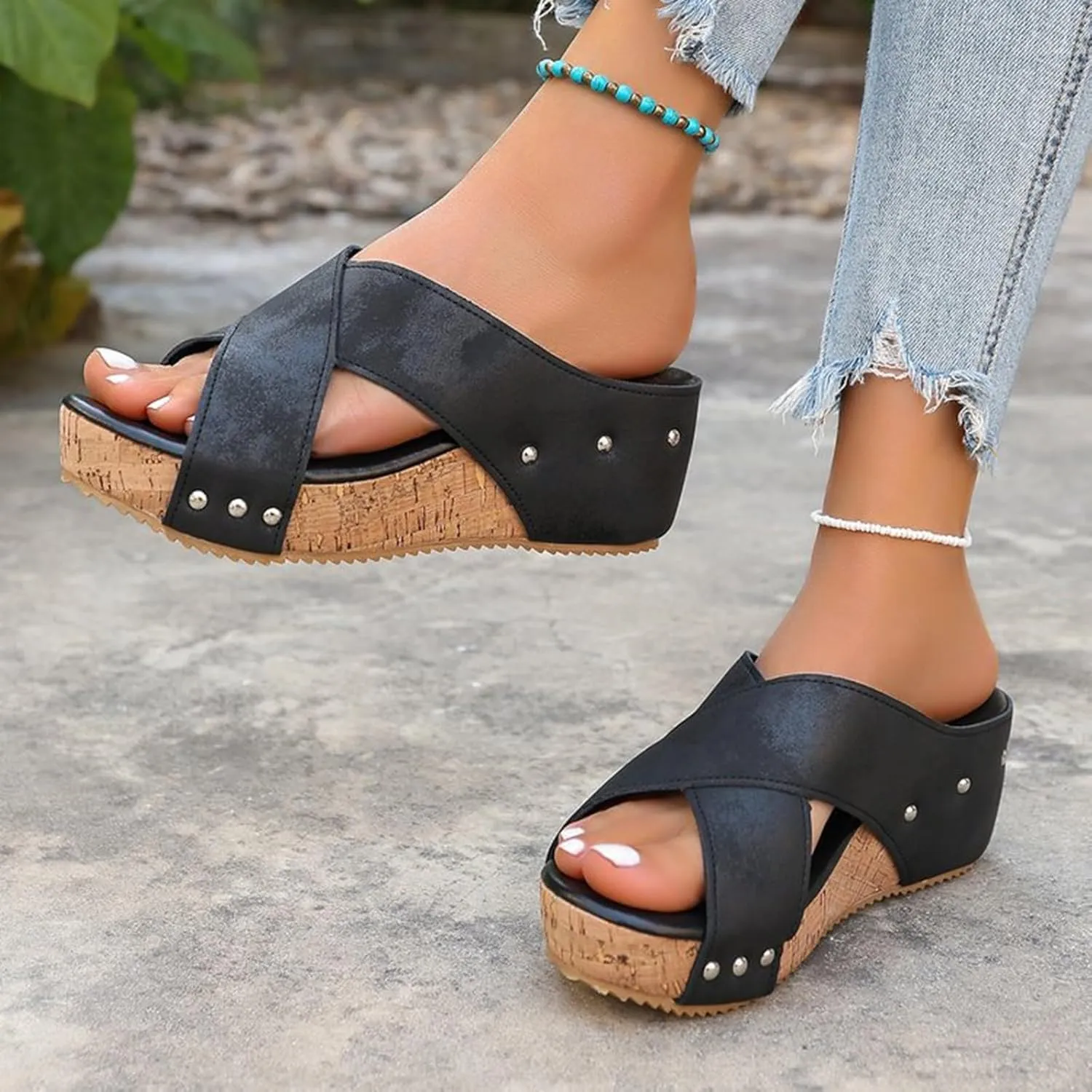 Orthopedic Wedge Sandals for Women Comfortable Open Toe Cork Casual & Dressy Summer Shoes Slip On Slides Slippers Espadrilles Summer Beach Ladies Wedges