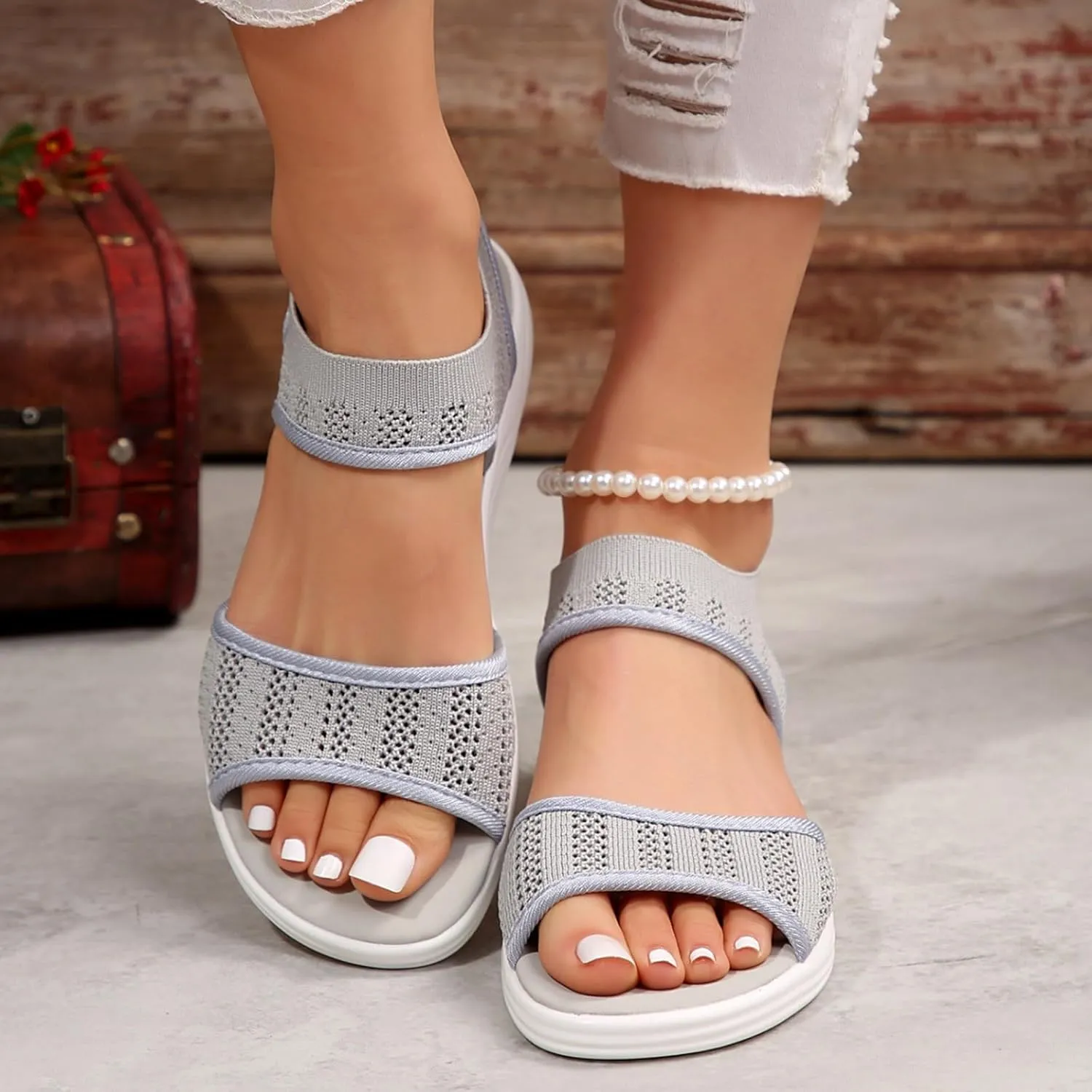 Orthopedic Wedge Sandals for Women Dressy Summer 2025 Comfortable Walking for Women's Slip On Loafers Knitted Mesh Thick Heel Fish Mouth Elastic Strap Mule Breathable Shoes Wedges Canvas Sneakers