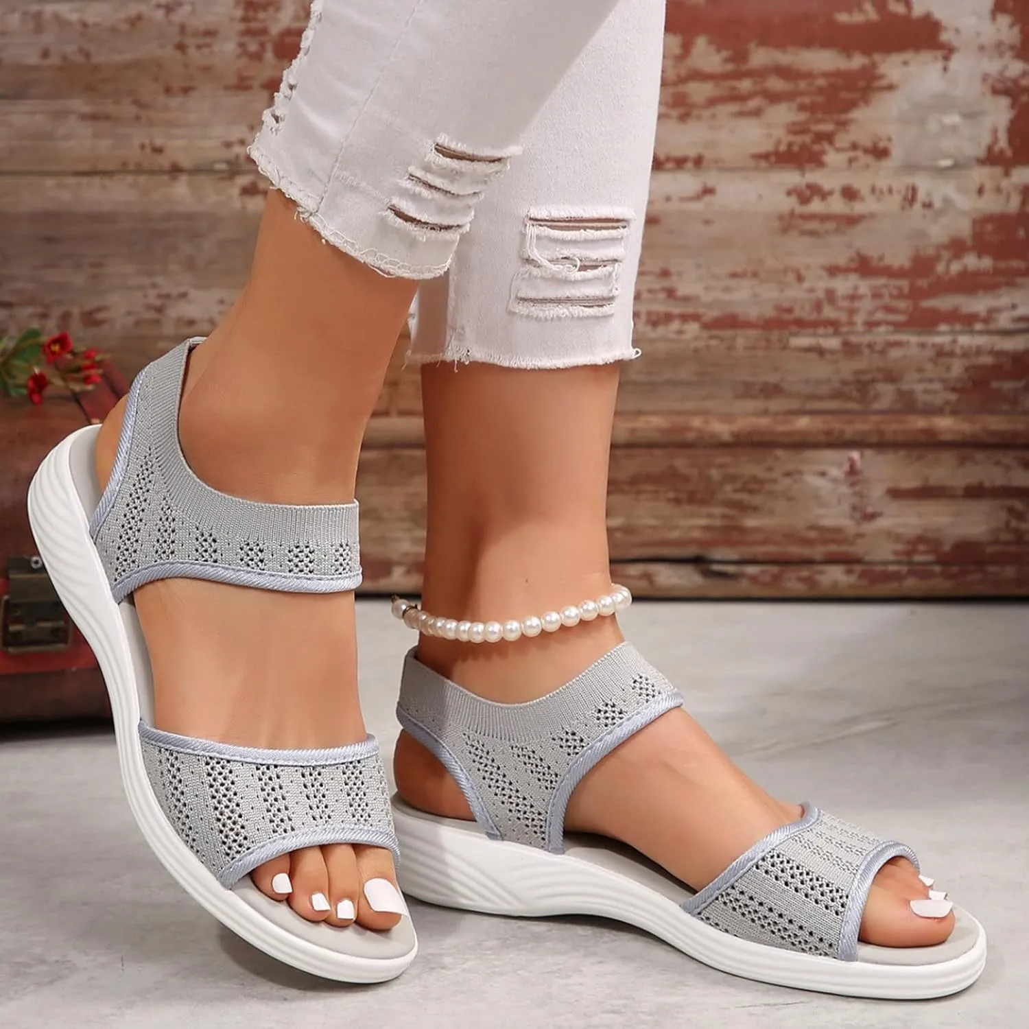 Orthopedic Wedge Sandals for Women Dressy Summer 2025 Comfortable Walking for Women's Slip On Loafers Knitted Mesh Thick Heel Fish Mouth Elastic Strap Mule Breathable Shoes Wedges Canvas Sneakers