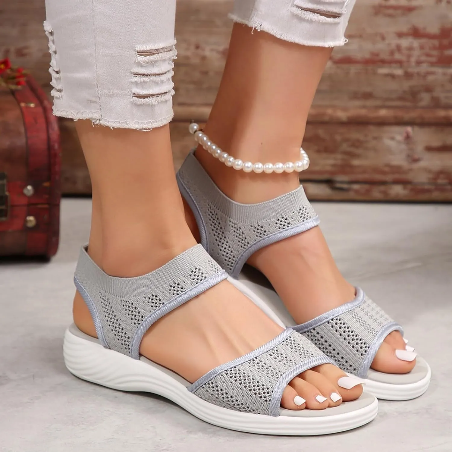 Orthopedic Wedge Sandals for Women Dressy Summer 2025 Comfortable Walking for Women's Slip On Loafers Knitted Mesh Thick Heel Fish Mouth Elastic Strap Mule Breathable Shoes Wedges Canvas Sneakers
