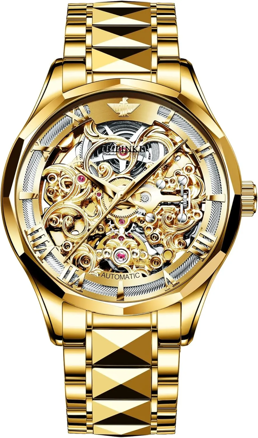 OUPINKE Automatic Watches for Men Skeleton Dress Slef Winding Mechanical Watch Luxury Stainless Steel Waterproof Sapphire Crystal Mirror Large Dial Wirst Watch