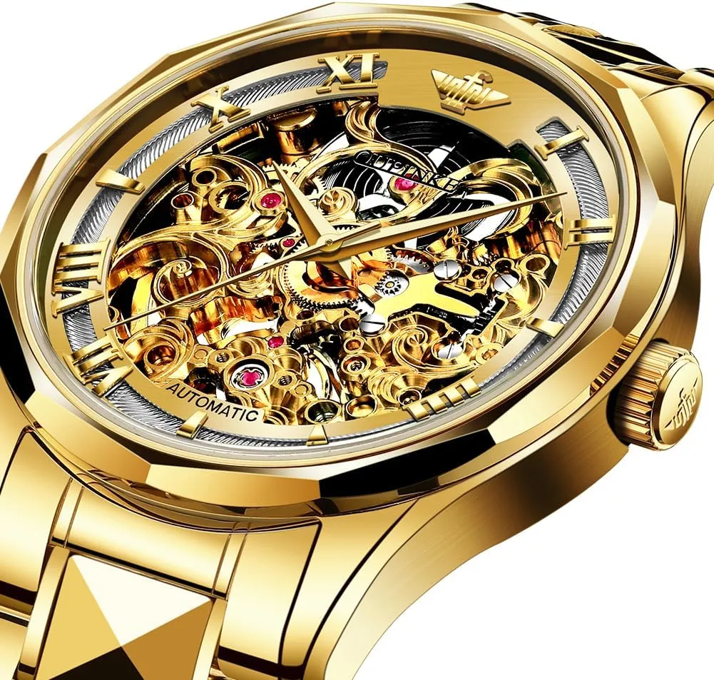 OUPINKE Automatic Watches for Men Skeleton Dress Slef Winding Mechanical Watch Luxury Stainless Steel Waterproof Sapphire Crystal Mirror Large Dial Wirst Watch