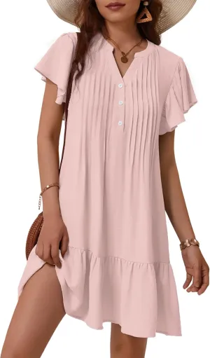 OURIN Womens Summer Dresses 2025 V Neck Button Down Ruffle Short Sleeve Pleated Shift Dress Mini Sundress