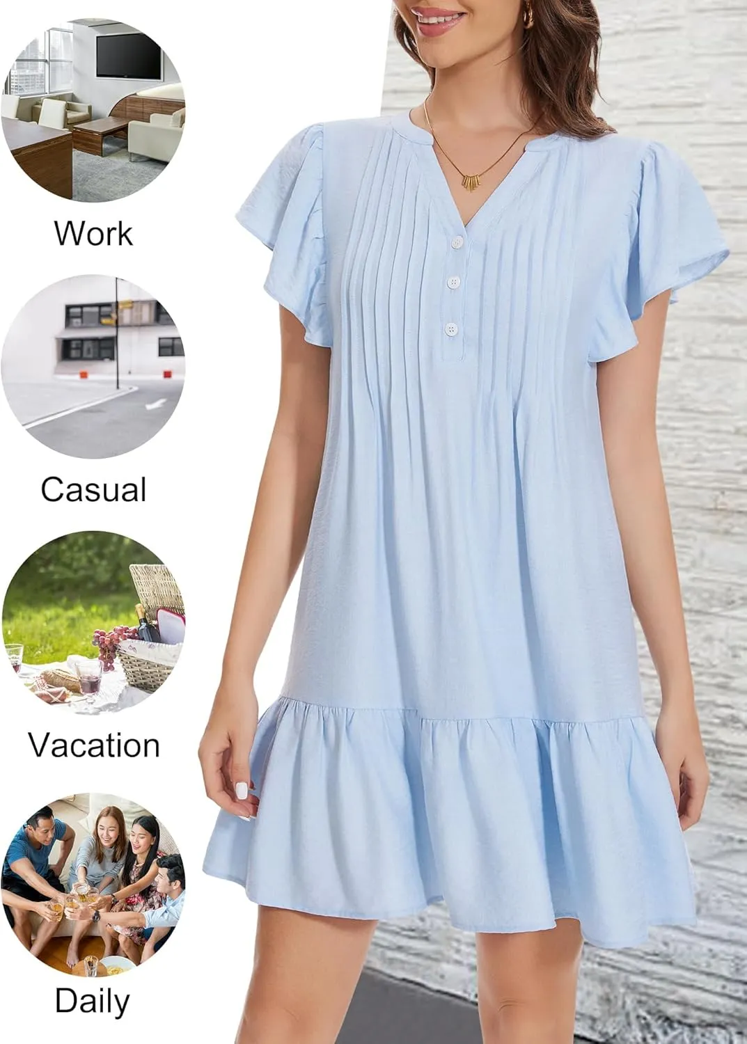 OURIN Womens Summer Dresses 2025 V Neck Button Down Ruffle Short Sleeve Pleated Shift Dress Mini Sundress