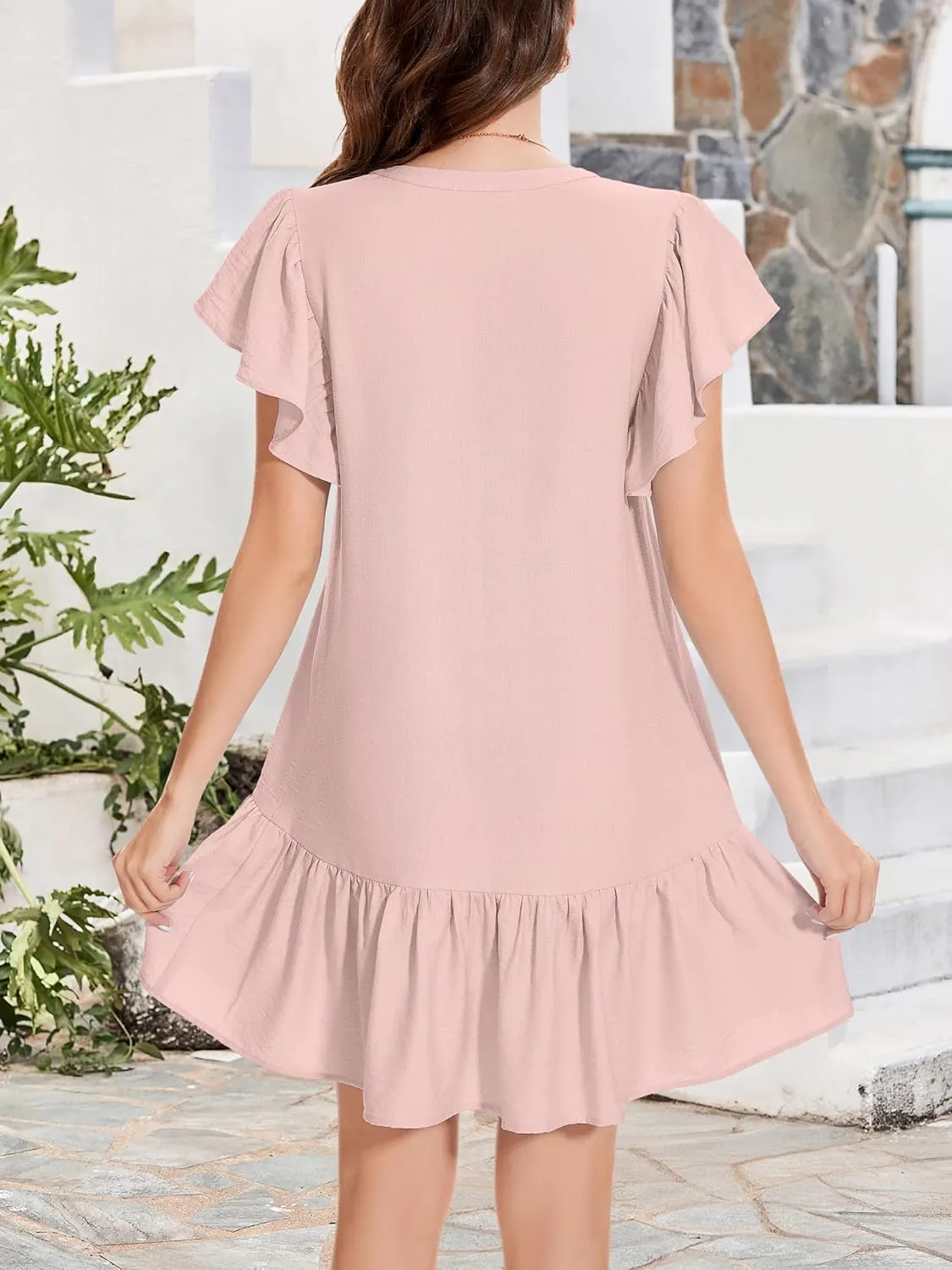 OURIN Womens Summer Dresses 2025 V Neck Button Down Ruffle Short Sleeve Pleated Shift Dress Mini Sundress