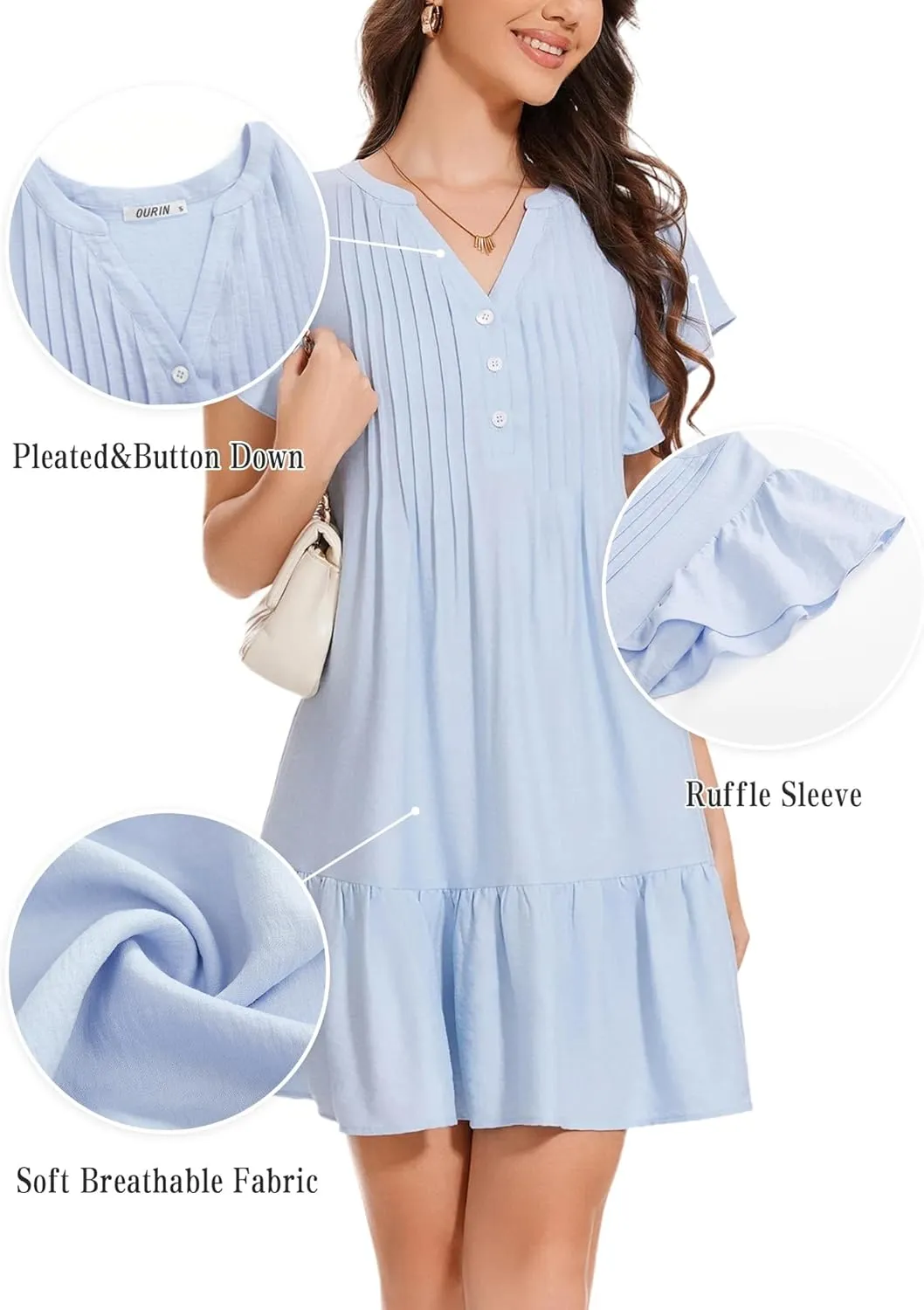 OURIN Womens Summer Dresses 2025 V Neck Button Down Ruffle Short Sleeve Pleated Shift Dress Mini Sundress