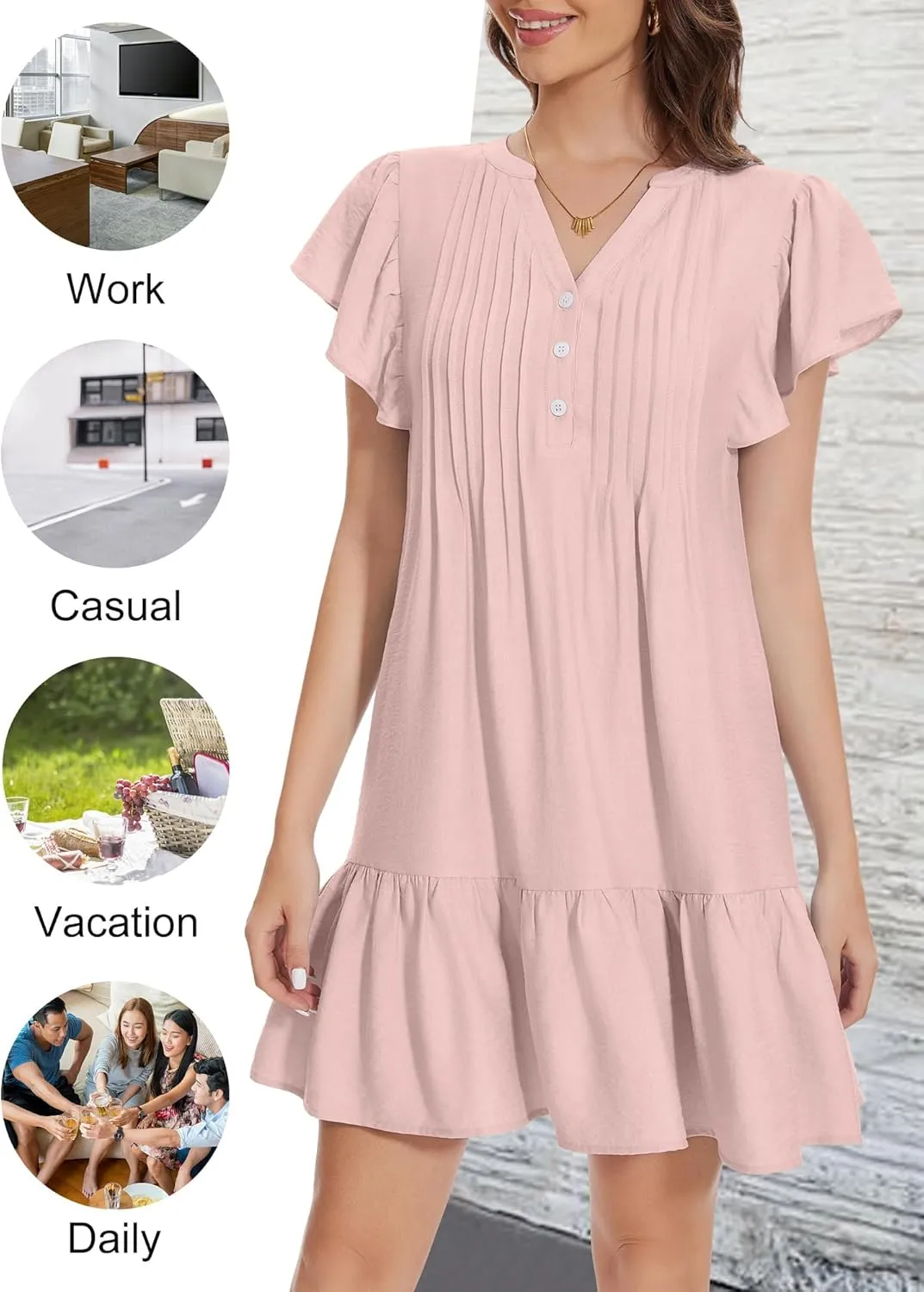 OURIN Womens Summer Dresses 2025 V Neck Button Down Ruffle Short Sleeve Pleated Shift Dress Mini Sundress