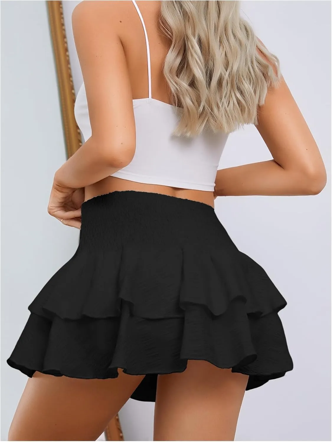 OYOANGLE Women's Ruffle Hem Bow Knot High Waist Flowy Beach Mini Skirts