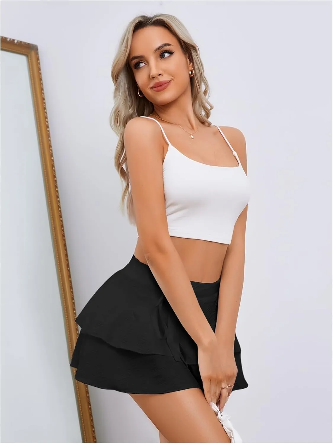 OYOANGLE Women's Ruffle Hem Bow Knot High Waist Flowy Beach Mini Skirts