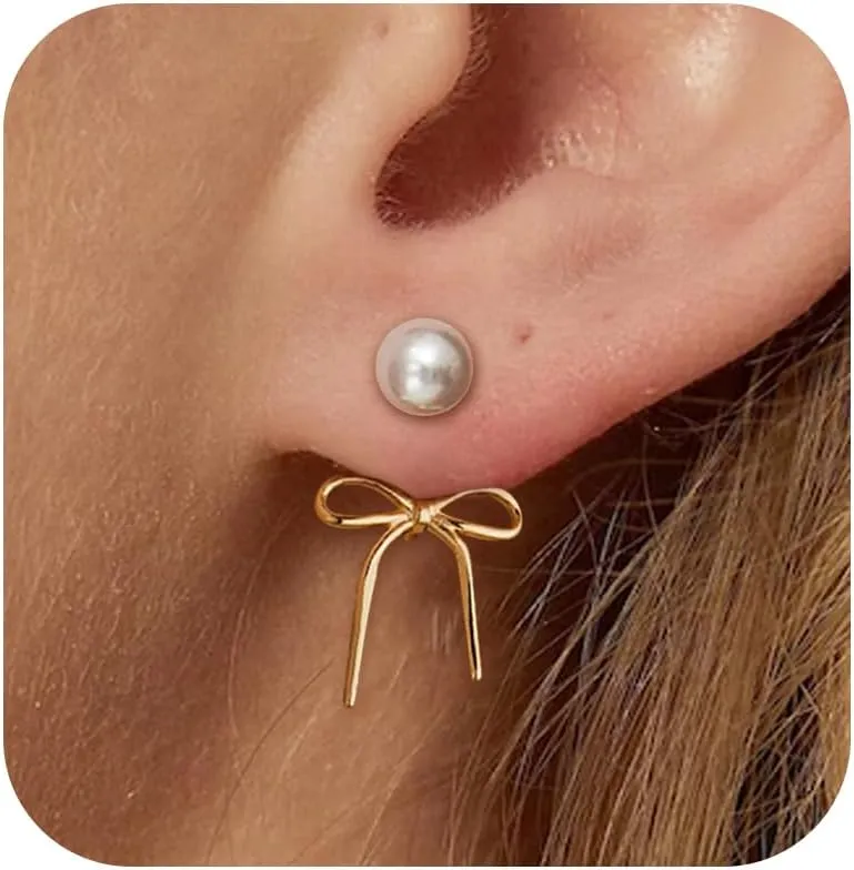 Pearl Bow Earrings Dainty Gold Pearl Earrings for Women Bridesmaid Pearl Stud Earrings Bow Pearl Drop Earrings Wedding Jewelry Gifts