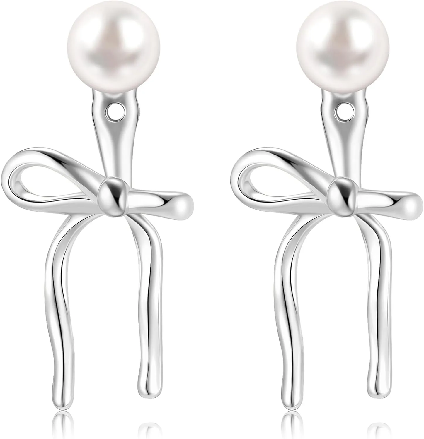 Pearl Bow Earrings for Women 14K Gold Plated 925 Sterling Silver Post Heart Bow Stud Earrings dangle Hypoallergenic Jewelry Gifts for Women
