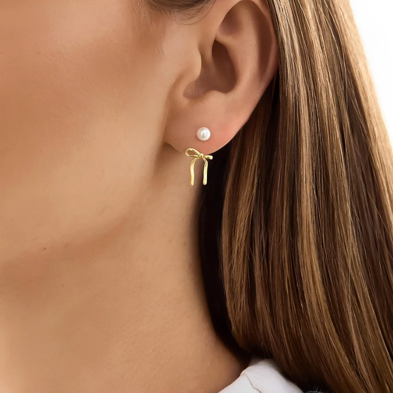 Pearl Bow Earrings for Women 14K Gold Plated 925 Sterling Silver Post Heart Bow Stud Earrings dangle Hypoallergenic Jewelry Gifts for Women