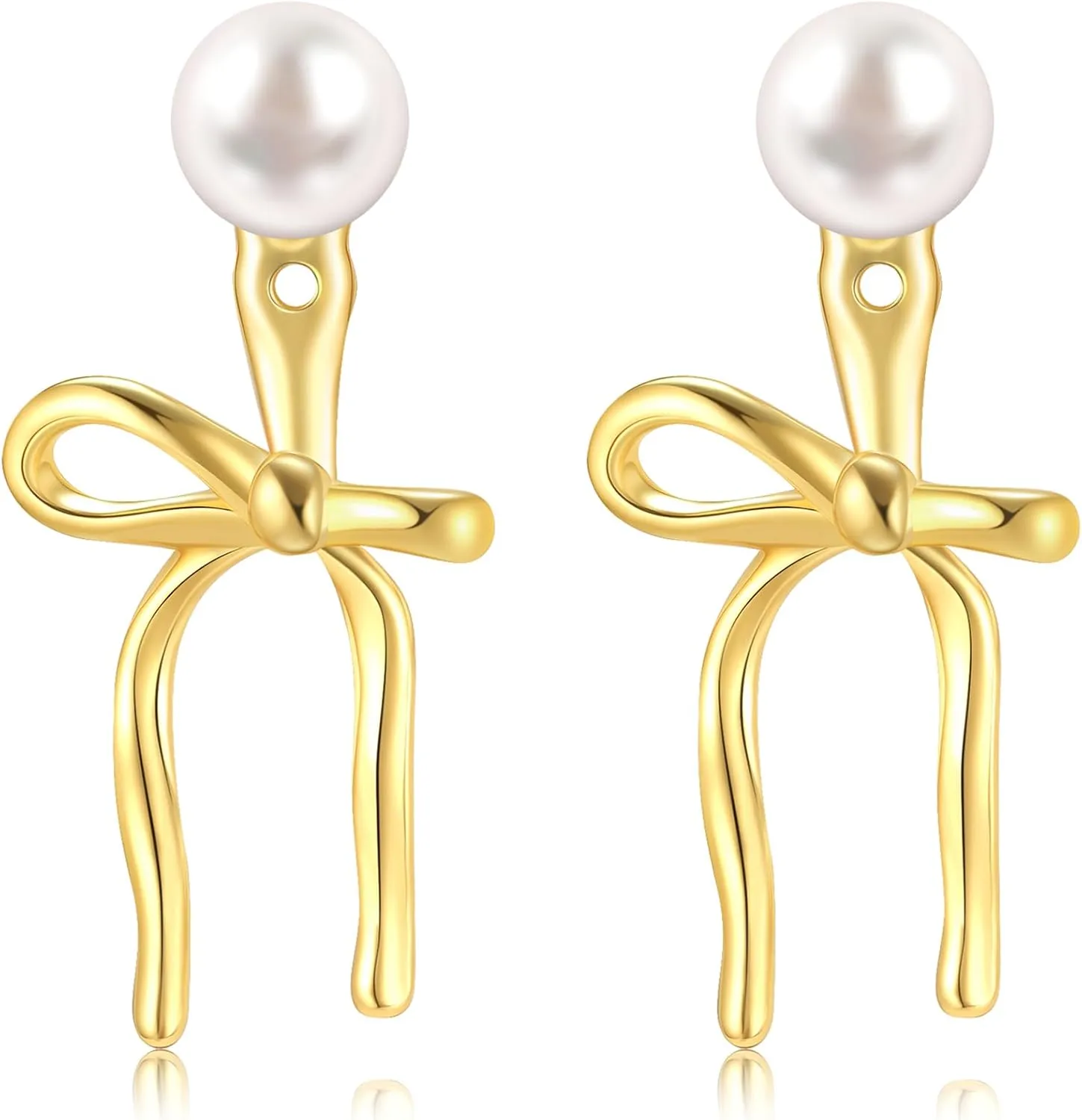 Pearl Bow Earrings for Women 14K Gold Plated 925 Sterling Silver Post Heart Bow Stud Earrings dangle Hypoallergenic Jewelry Gifts for Women