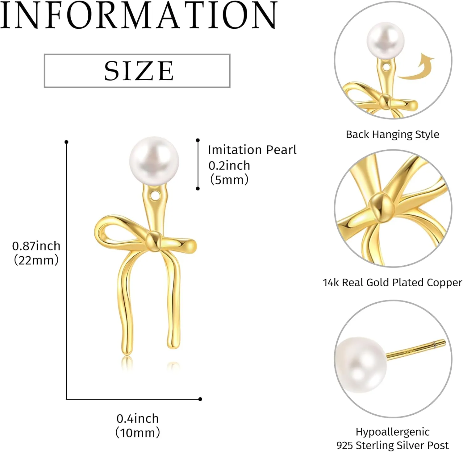 Pearl Bow Earrings for Women 14K Gold Plated 925 Sterling Silver Post Heart Bow Stud Earrings dangle Hypoallergenic Jewelry Gifts for Women