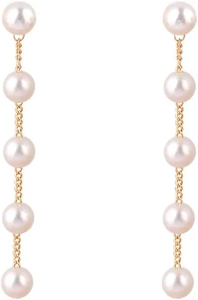 Pearl Drop Earrings for Women, Trendy 14k Gold Plated Pearl Dangle Earrings Dainty Pearl Earrings for Women Hypoallergenic Gold Tassel Earring Pearl Wedding Jewelry Gifts for Her
