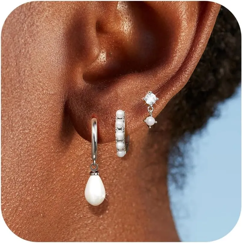 Pearl Earrings for Women, Gold Pearl Drop Hoop Earrings Set, Dainty Gold Pearl Earrings for Women Studs, Pearl Jewelry Gifts for Her, Wedding Earrings