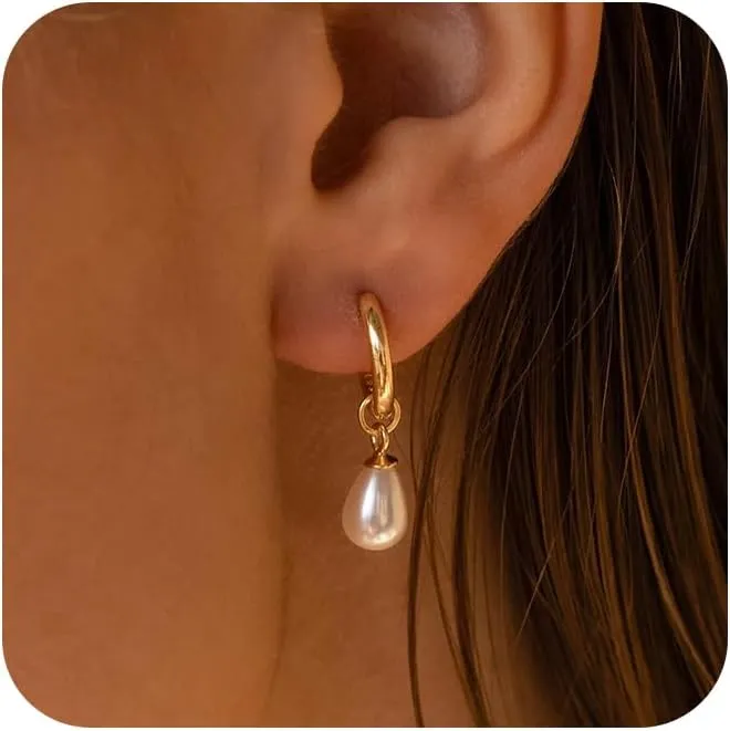 Pearl Earrings for Women Trendy, Gold Pearl Hoop Earrings for Women 14K Gold Plated Pearl Hoop Huggie Drop Earrings Wedding Jewelry Gifts for Women