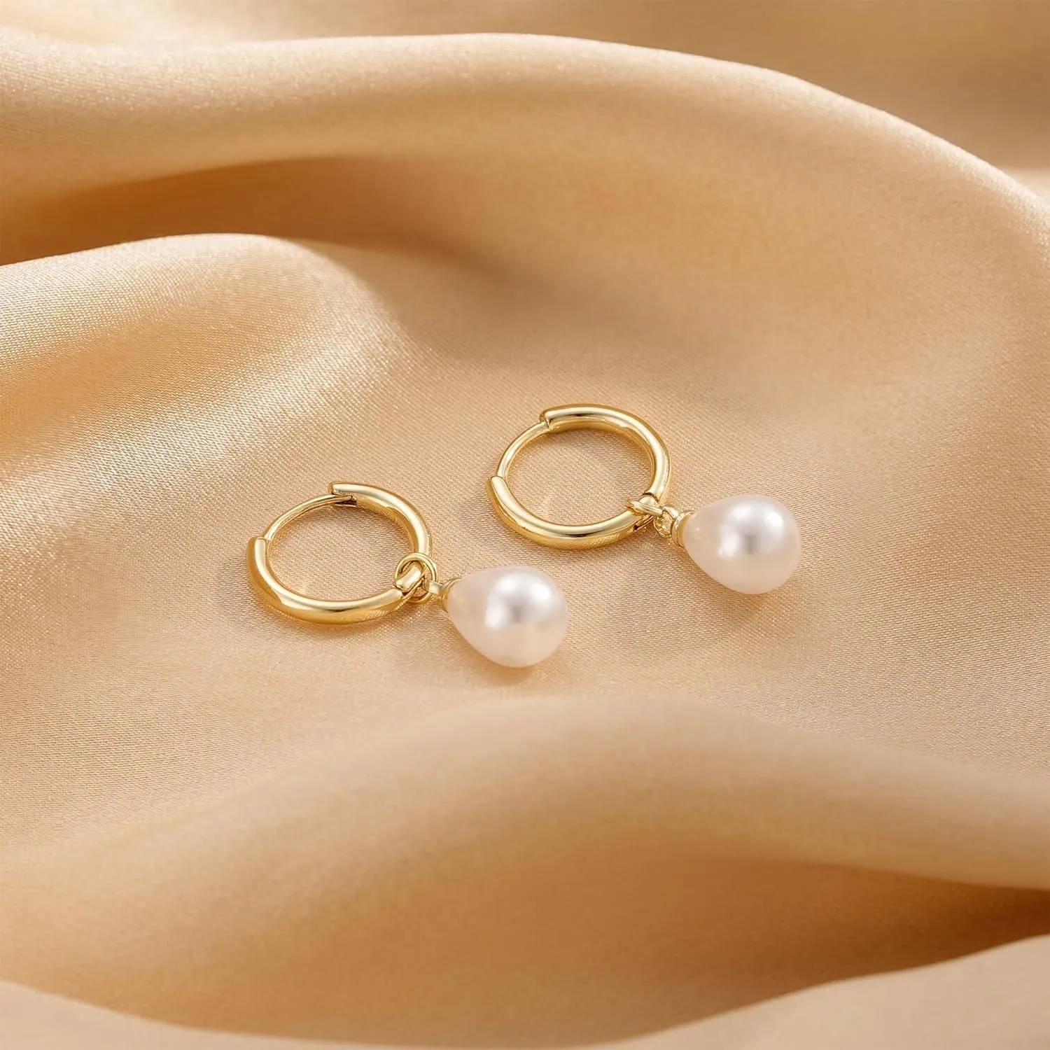 Pearl Earrings for Women Trendy, Gold Pearl Hoop Earrings for Women 14K Gold Plated Pearl Hoop Huggie Drop Earrings Wedding Jewelry Gifts for Women