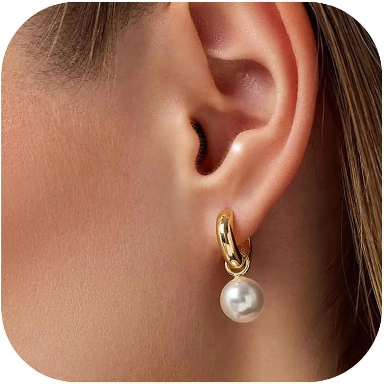 Pearl Hoop Earrings for Women Chunky Dangle Drop 14K Gold Plated Pearl Small Hoop Huggies Earrings Hypoallergenic Dainty Gold Earrings Wedding Jewelry Gifts for WomenTrendy