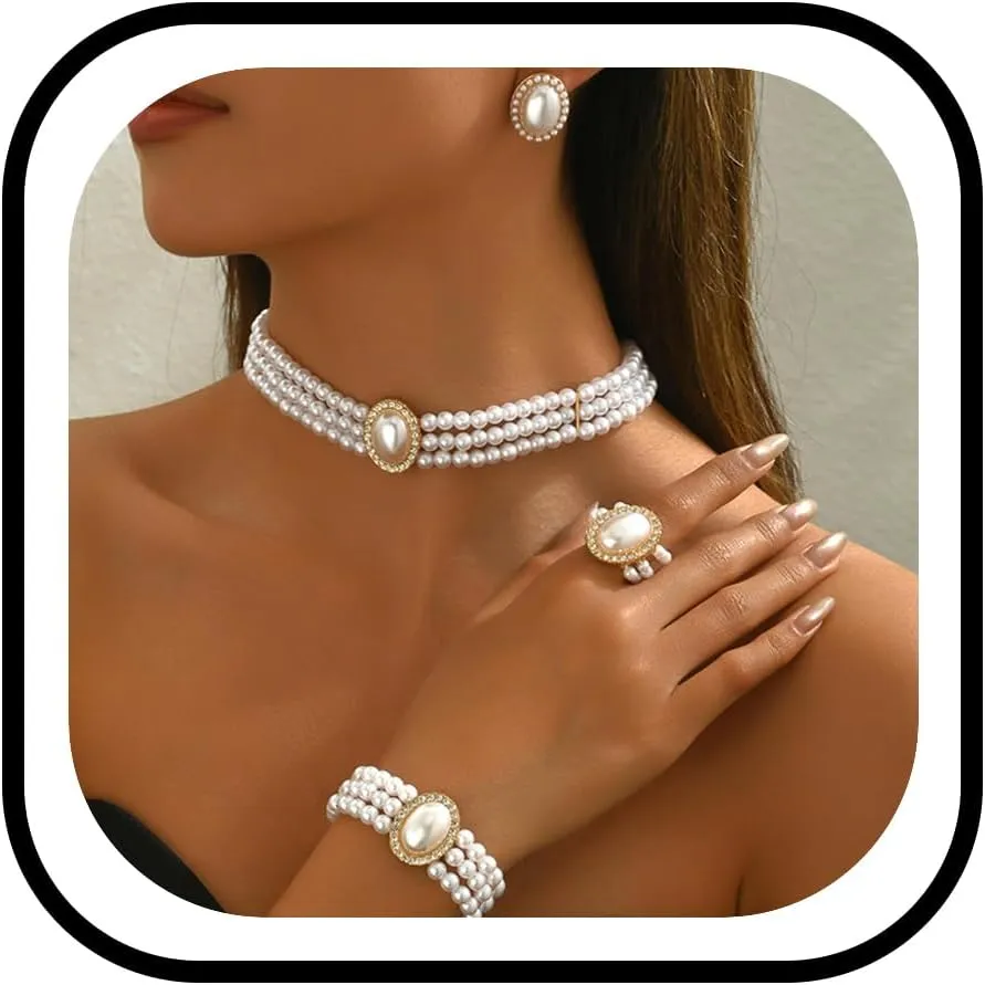 Pearl Jewelry Set for Women Trendy Pearl Necklace and Earring Set Big Pearls Earrings Chunky Pearls Necklaces for Women Wedding Jewelry for Bride Bridesmaid