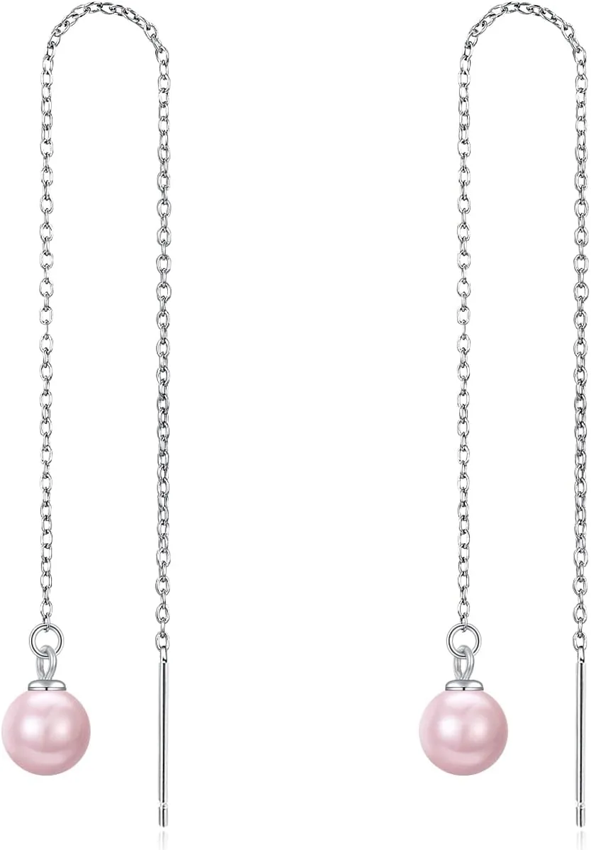 Pearl Threader Earrings 925 Sterling Silver Long Piercing Pearl Tassel Drop Dangle Ear Line Eardrop Earrings Jewelry for Women Teen Girls