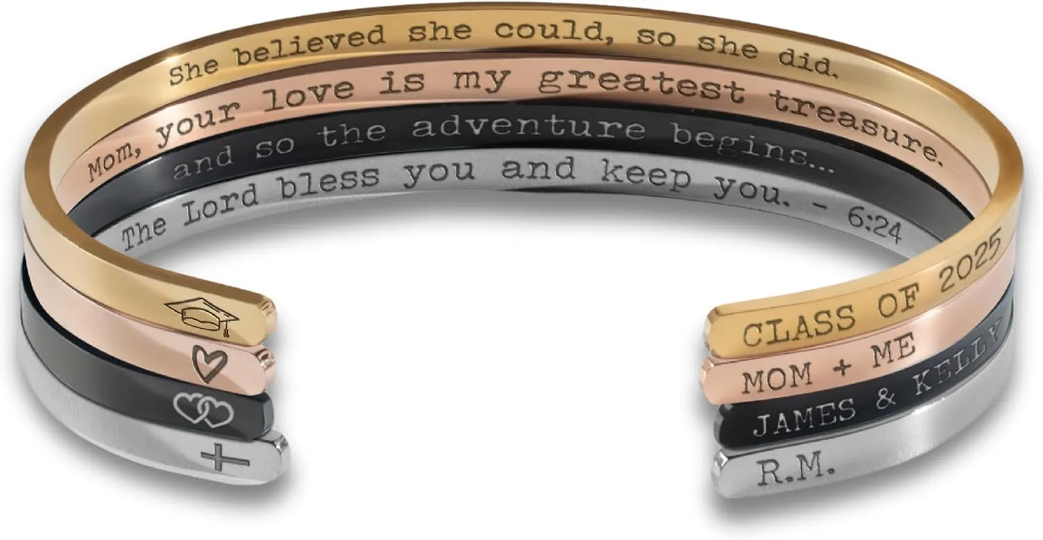 Personalized Bracelet with Icon & Text for Women, Custom Engraved Cuff Bracelet Gifts for Women