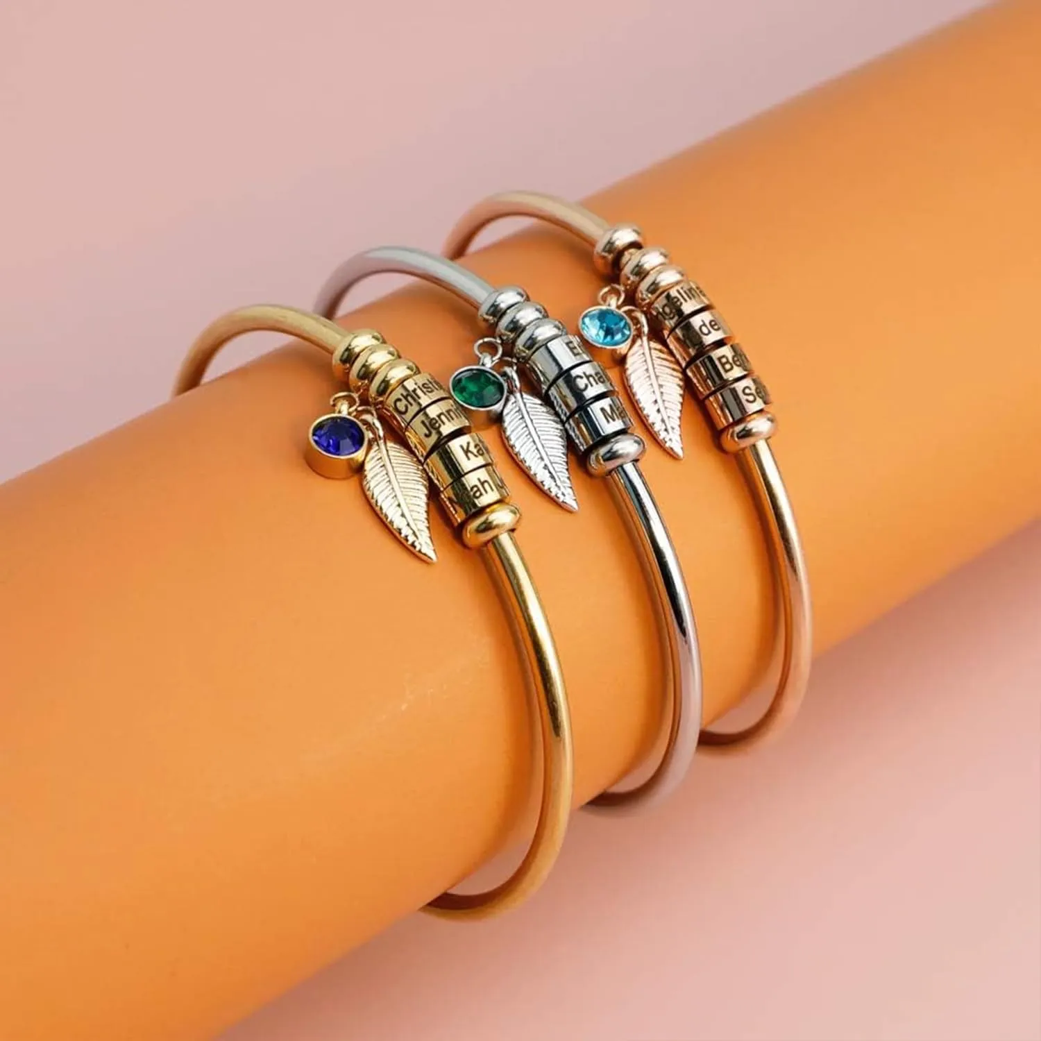 Personalized Names Bracelet for Mother with 1-6 Custom Charm Beads Cuff for Women, Mother's Day Gift, with Free Engraved