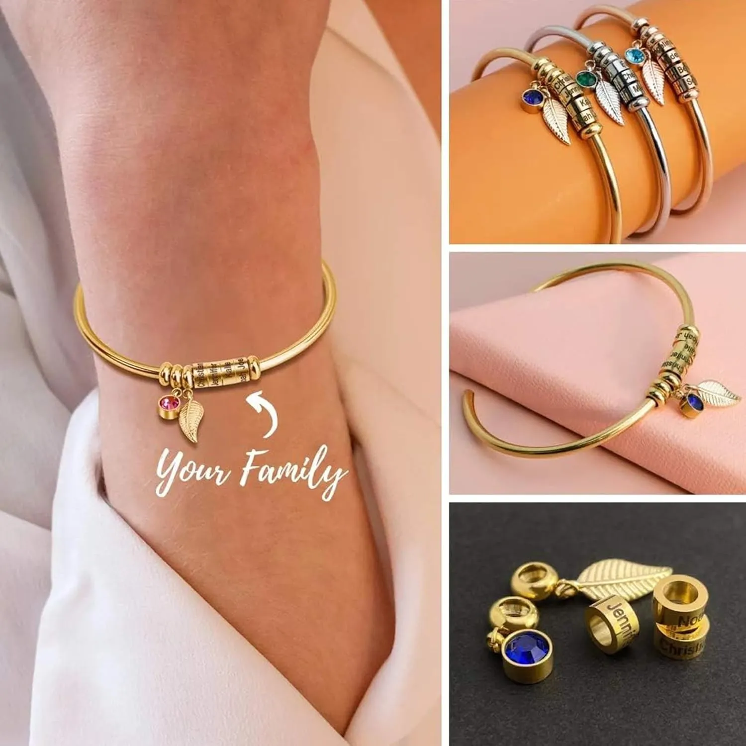 Personalized Names Bracelet for Mother with 1-6 Custom Charm Beads Cuff for Women, Mother's Day Gift, with Free Engraved