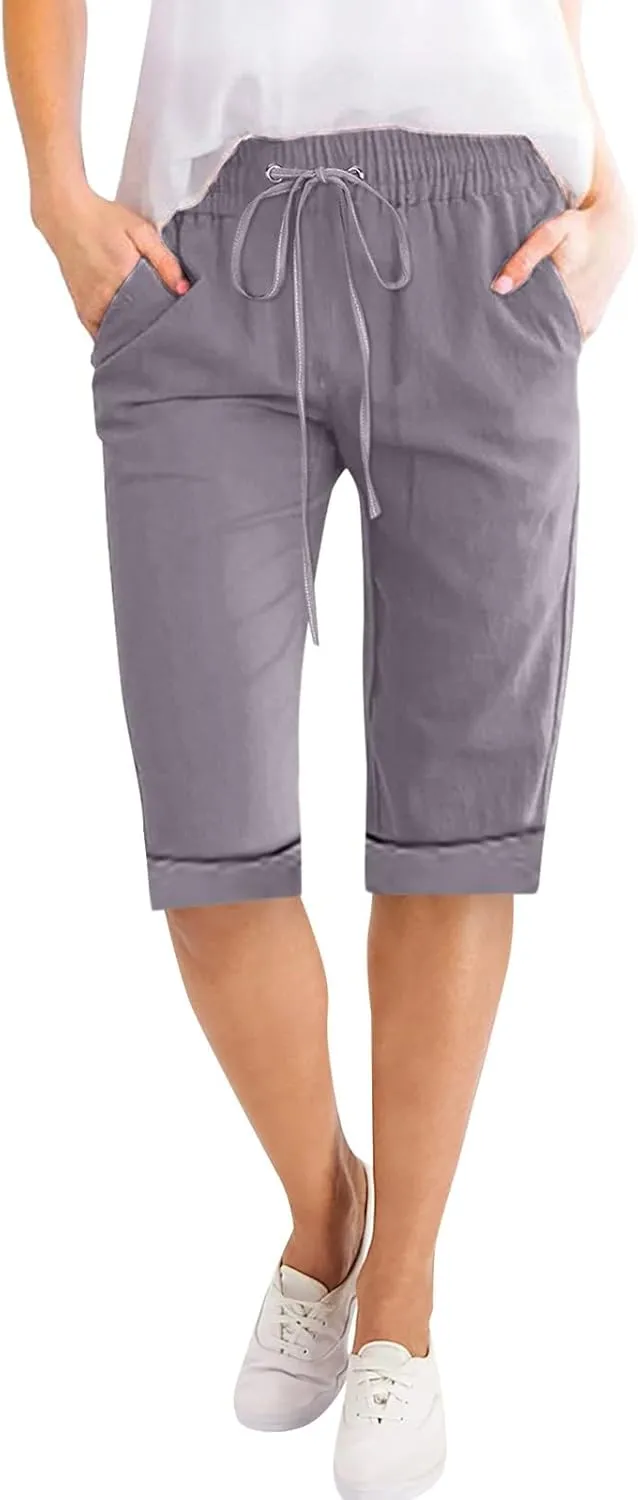 Petite to Bermuda Shorts for Women Knee Length Cotton Linen Shorts Casual Summer Baggy Dressy Shorts with Pockets