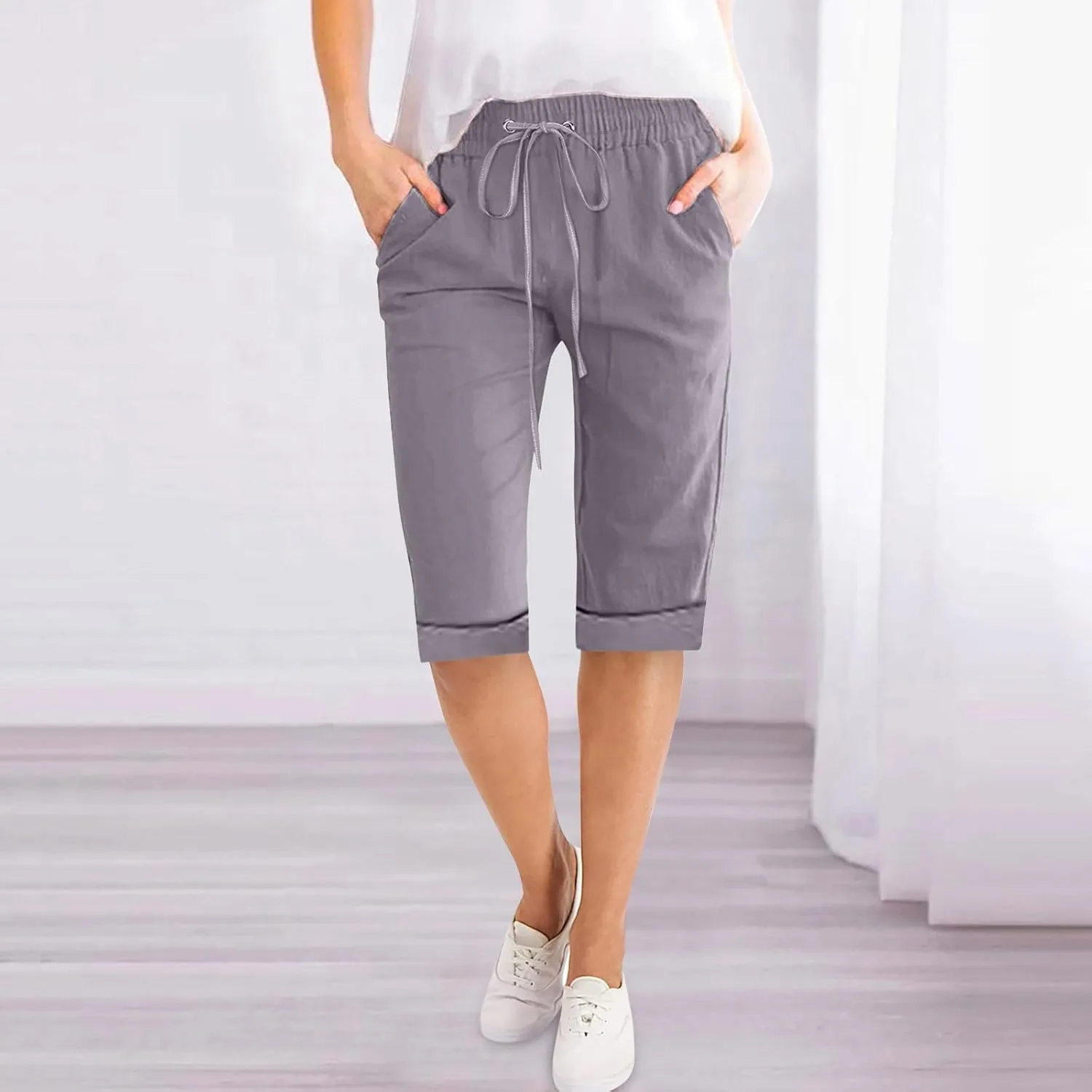 Petite to Bermuda Shorts for Women Knee Length Cotton Linen Shorts Casual Summer Baggy Dressy Shorts with Pockets