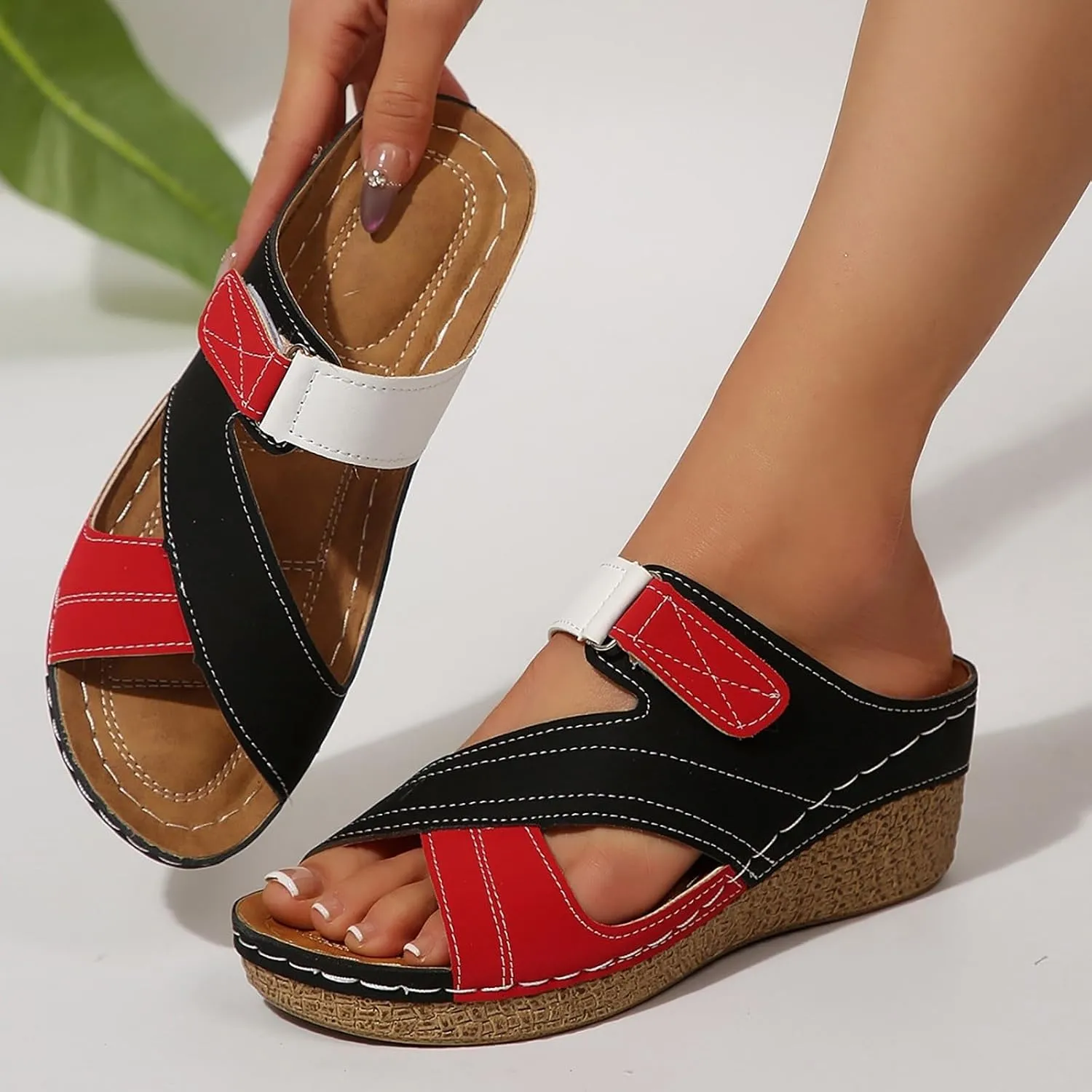 Platform Sandals Women Summer Orthopedic Arch Support Flat Slip on Wide Width Leather Wedge Damping Sole Lightweight Heels Diabetic Comfortable Dressy Casual Beach Vacation Walking Shoes