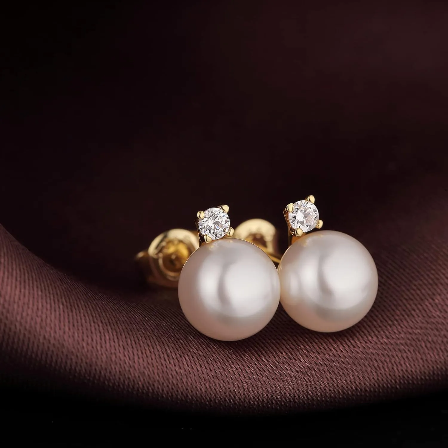 Platinum-Plated Pearl Diamond Stud Earrings for Women 925 Sterling Silver Small Cubic Zirconia Pearl Earrings 8MM Pearl Jewelry for Women
