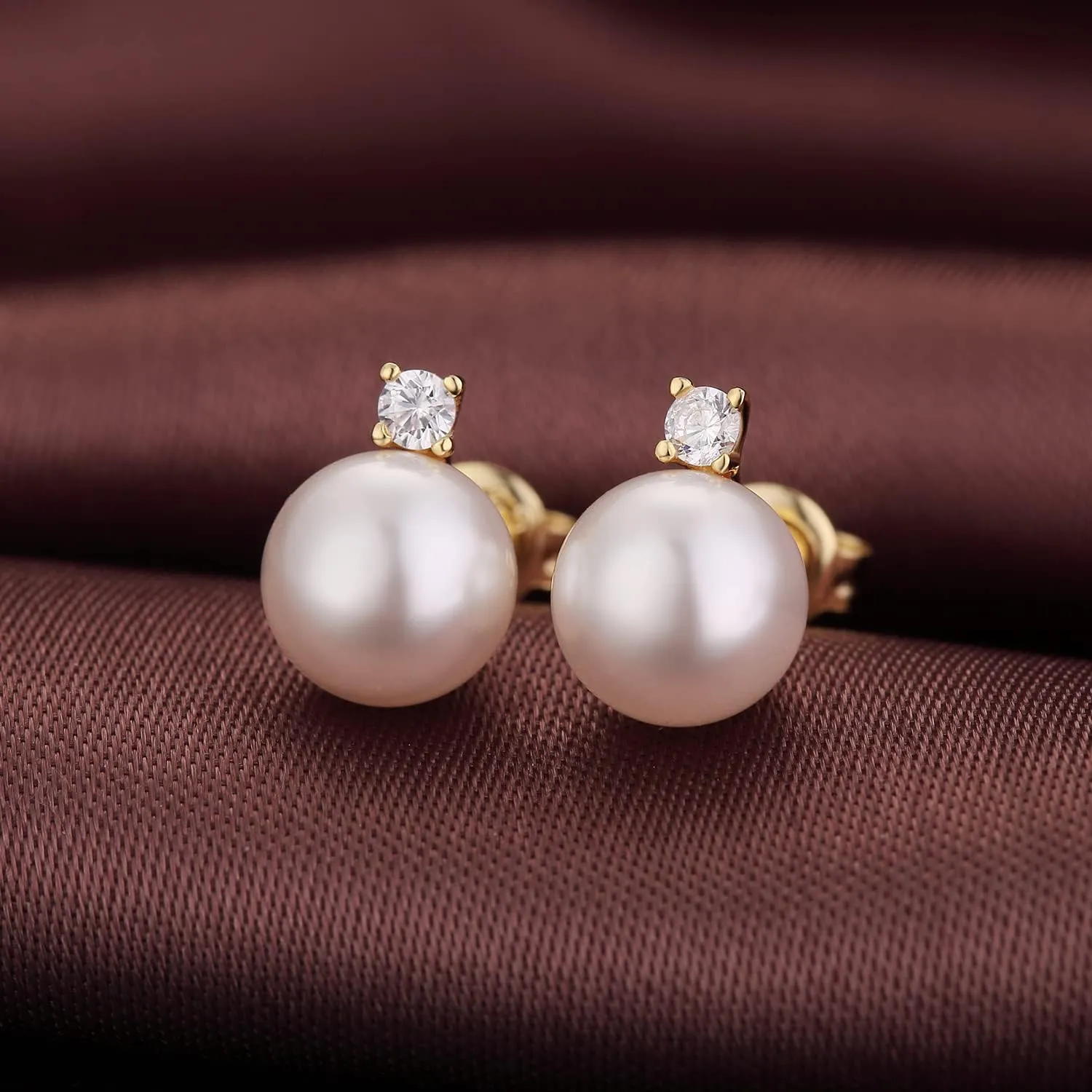 Platinum-Plated Pearl Diamond Stud Earrings for Women 925 Sterling Silver Small Cubic Zirconia Pearl Earrings 8MM Pearl Jewelry for Women