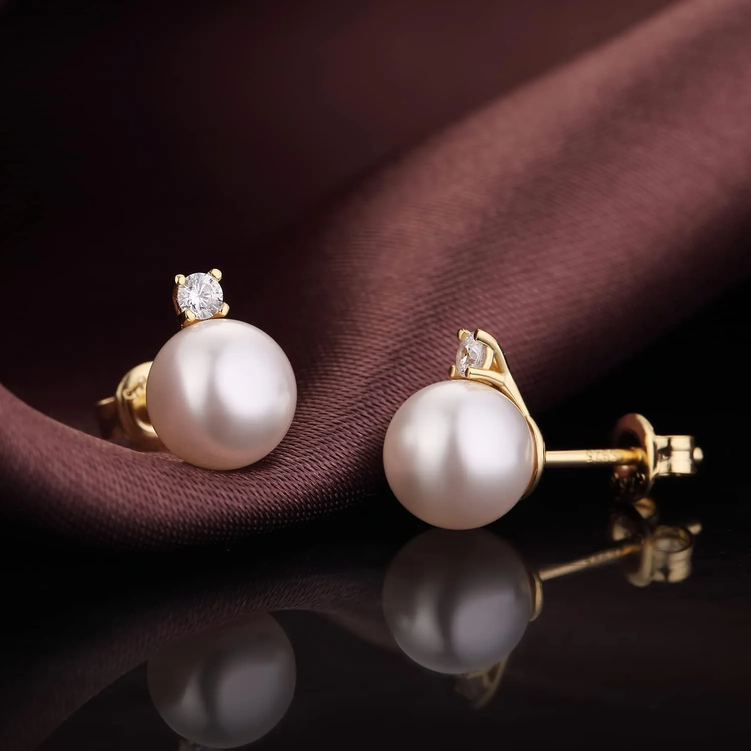 Platinum-Plated Pearl Diamond Stud Earrings for Women 925 Sterling Silver Small Cubic Zirconia Pearl Earrings 8MM Pearl Jewelry for Women