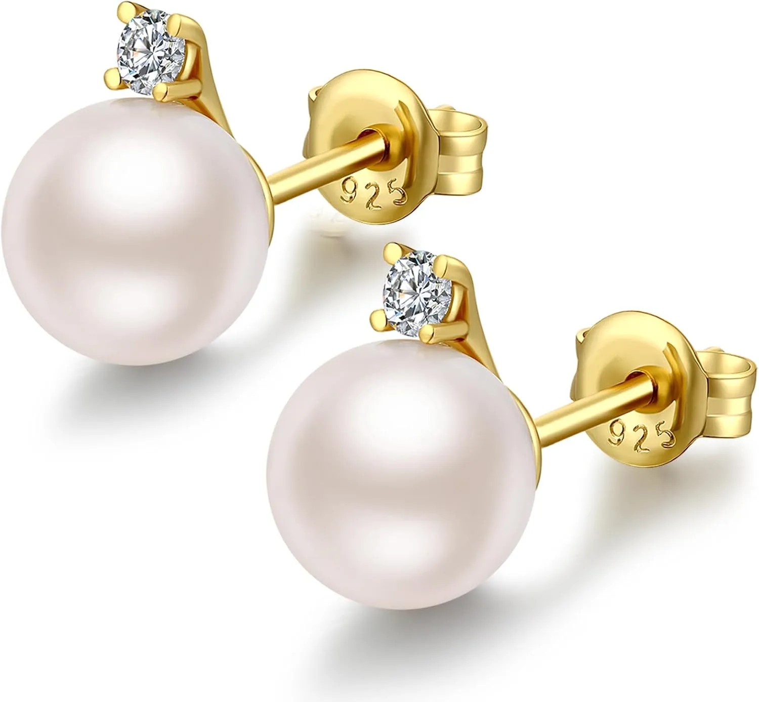 Platinum-Plated Pearl Diamond Stud Earrings for Women 925 Sterling Silver Small Cubic Zirconia Pearl Earrings 8MM Pearl Jewelry for Women