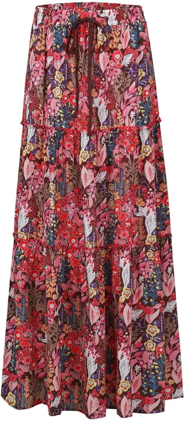 Pleated Long Skirts for Women Summer Casual Elastic High Waisted Skirts A-Line Flowy Swing Maxi Skirt with Pockets