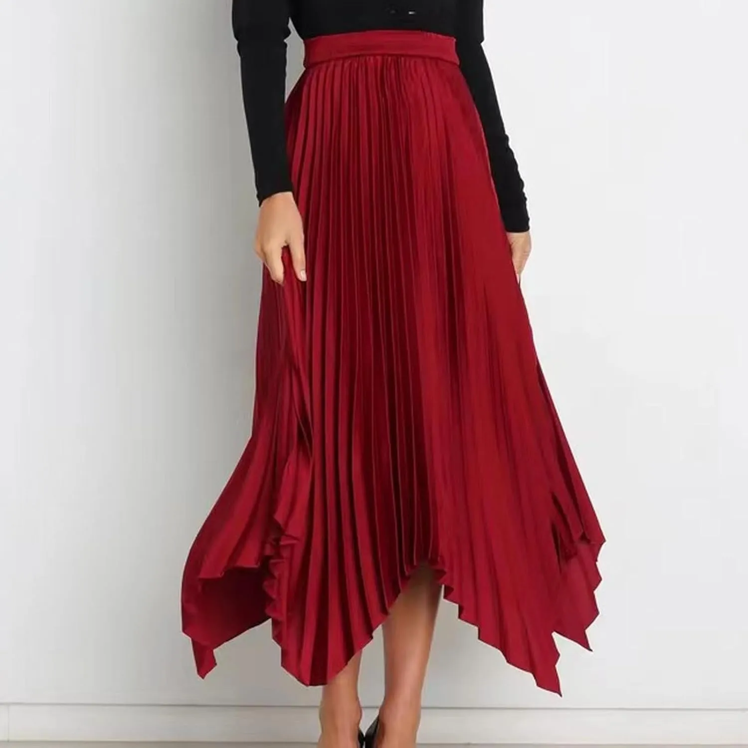 Pleated Skirts for Women Summer Casual Flowy Satin Asymmetrical Elastic High Waisted Cocktail Work A Line Midi Skirts