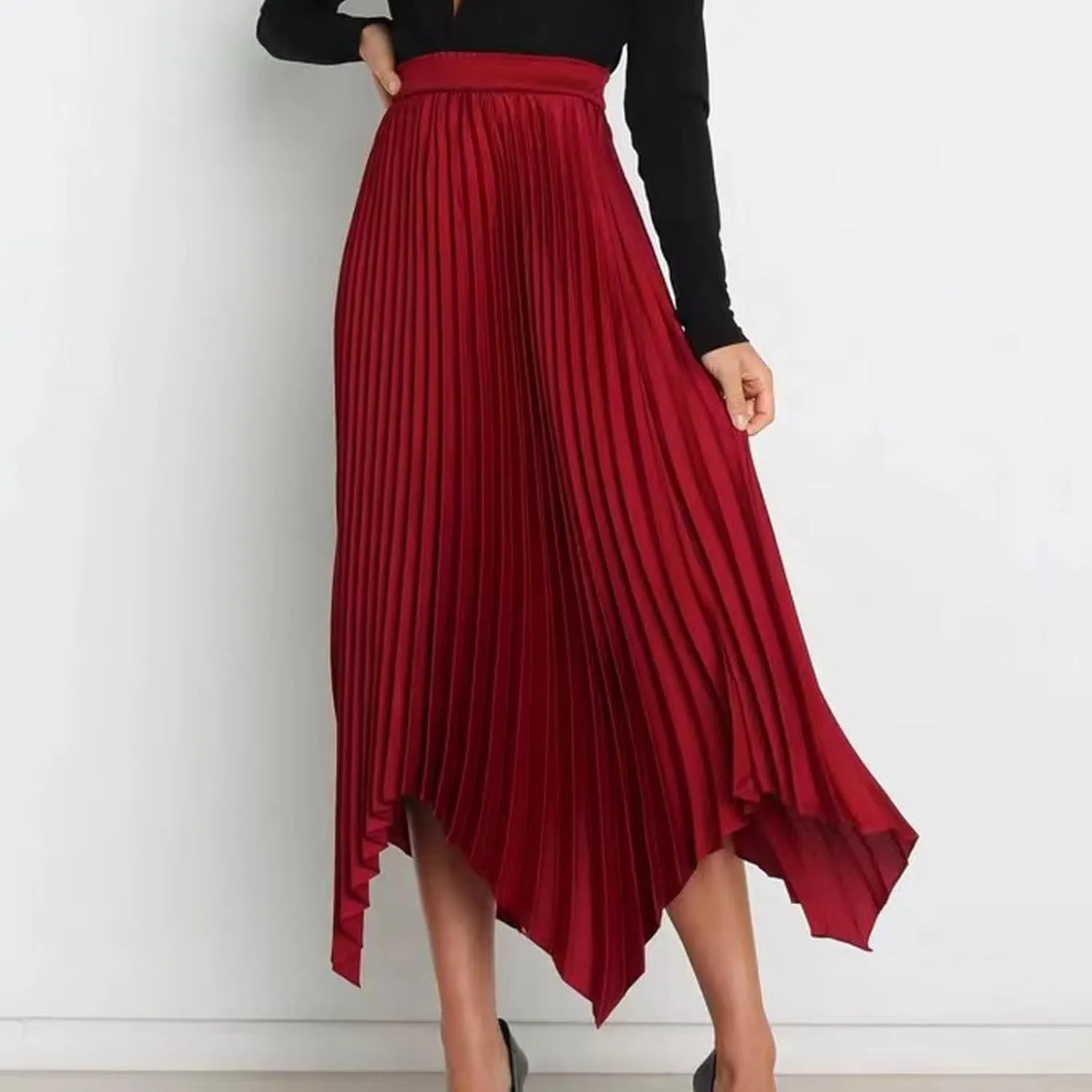 Pleated Skirts for Women Summer Casual Flowy Satin Asymmetrical Elastic High Waisted Cocktail Work A Line Midi Skirts