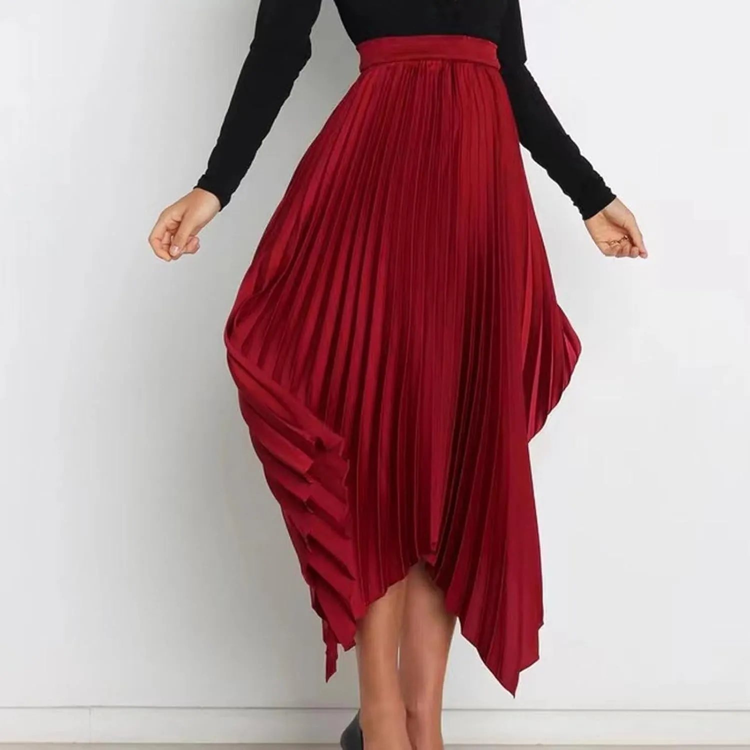 Pleated Skirts for Women Summer Casual Flowy Satin Asymmetrical Elastic High Waisted Cocktail Work A Line Midi Skirts