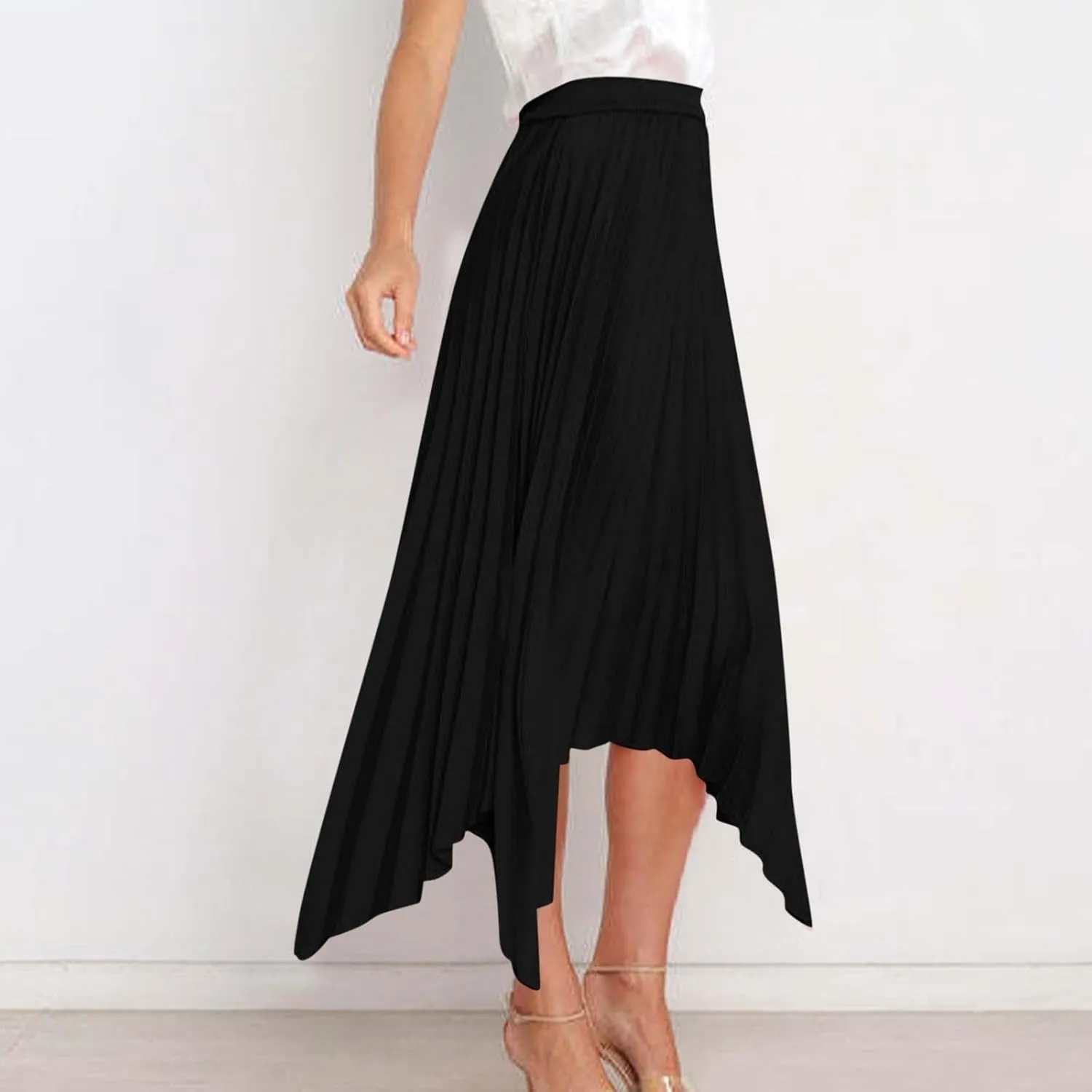 Pleated Skirts for Women Summer Casual Flowy Satin Asymmetrical Elastic High Waisted Cocktail Work A Line Midi Skirts