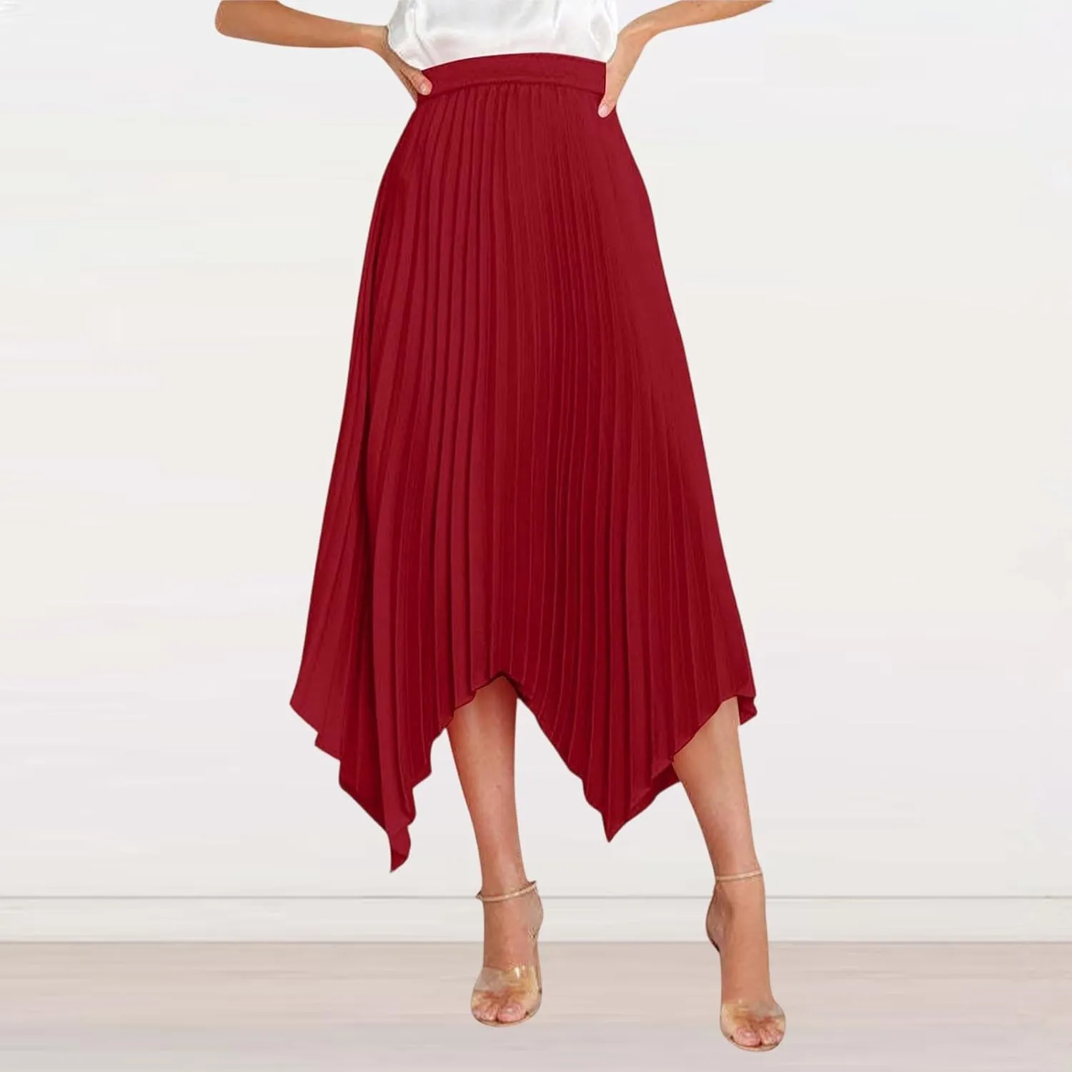 Pleated Skirts for Women Summer Casual Flowy Satin Asymmetrical Elastic High Waisted Cocktail Work A Line Midi Skirts